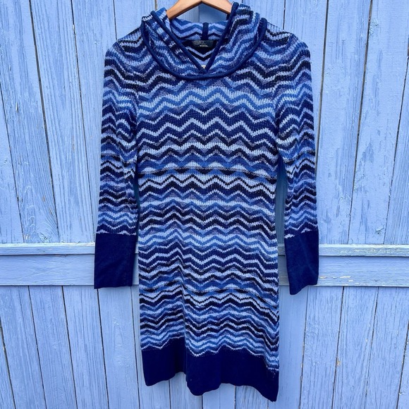 Prana Meryl Sweater Dress Women's Small Blue Chevron Stripe Knit Hooded Short - Picture 1 of 11